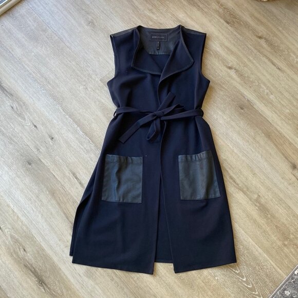 BCBG stylish west, black, eco leather inserts, side slits, knee length
